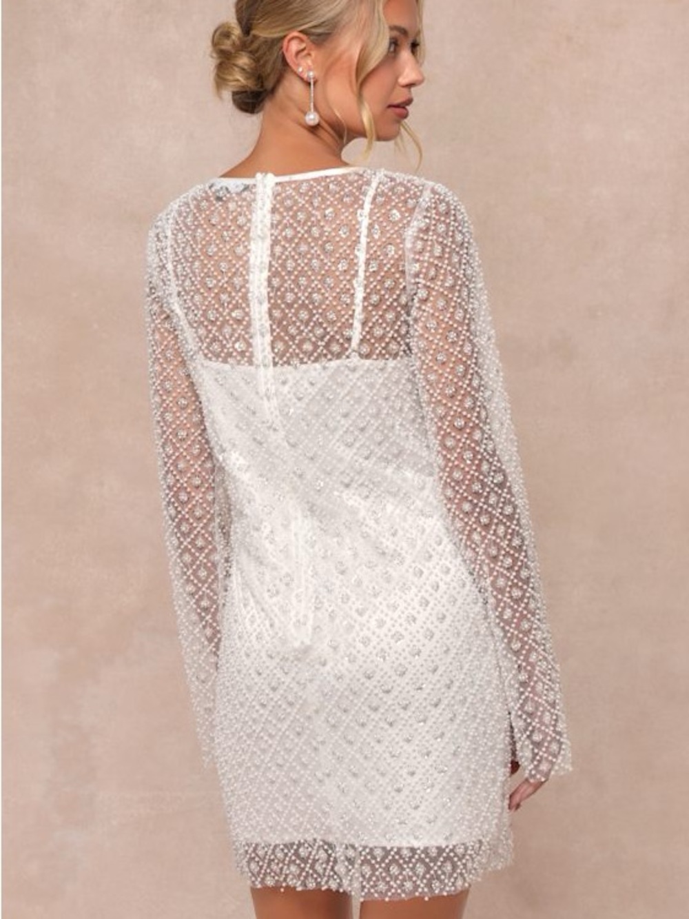 NWT Lulus Glowing Charisma White Sequin Pearl Mesh Long Sleeve Mini Dress - Picture 4 of 9